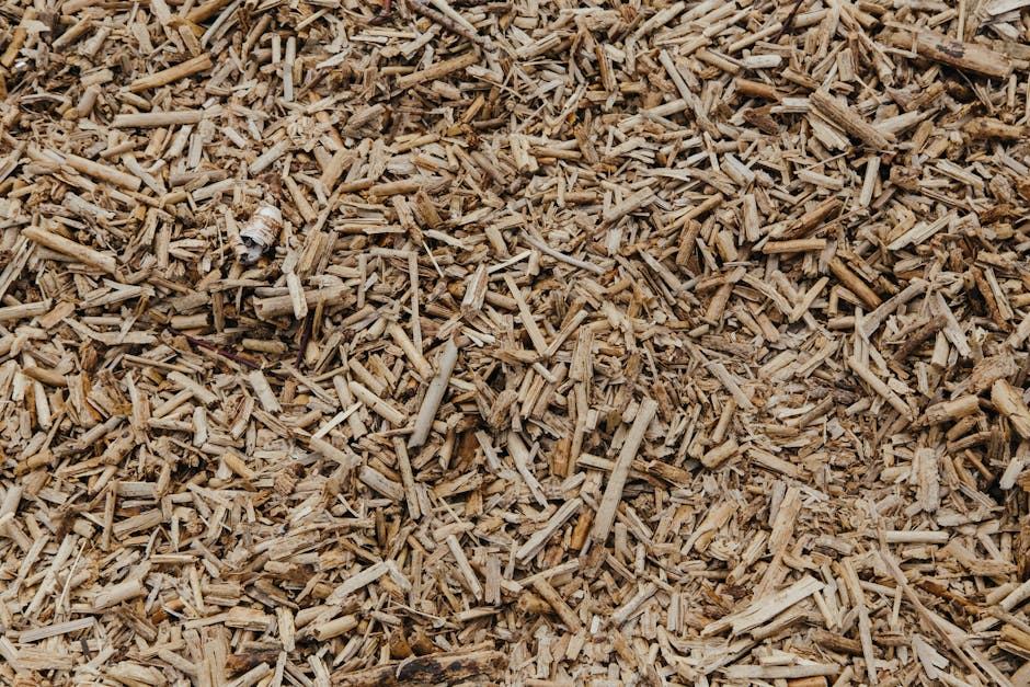Close-up view of a garden bed covered with a thick layer of shredded wood mulch, consisting of small, irregularly shaped wood chips and splinters with a rough texture and light brown color. The mulch 