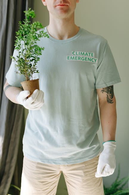 A person wearing a light gray T-shirt with the words 'Climate Emergency' printed on it, standing indoors near a window. They are holding a small potted plant with fresh green foliage in their right ha